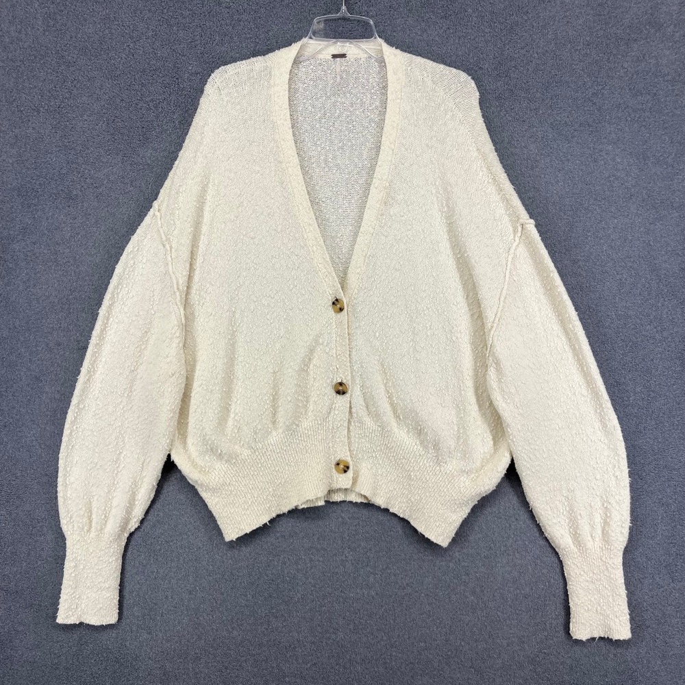 Free People Cardigan Women Large Cream Slub Knit Oversized V-Neck Boho Sweater